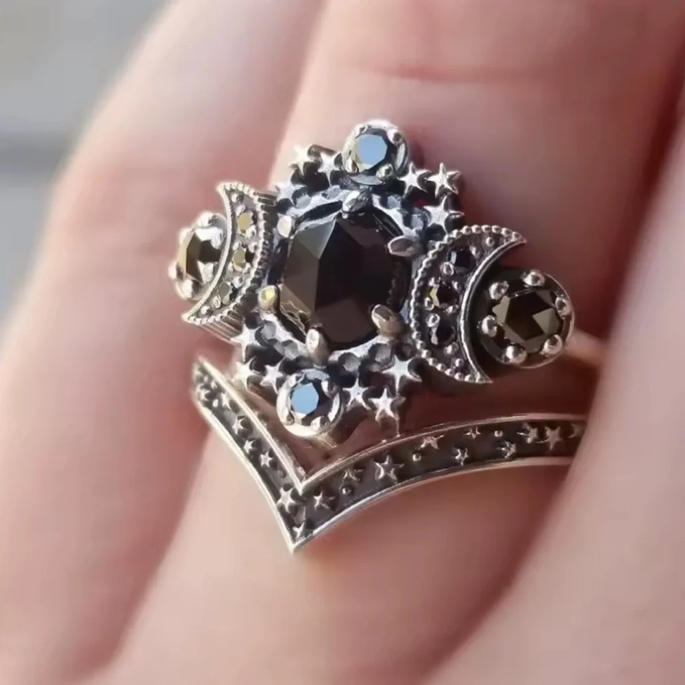 Exequisite Celestial Noir Black Moonstone Star Ring
